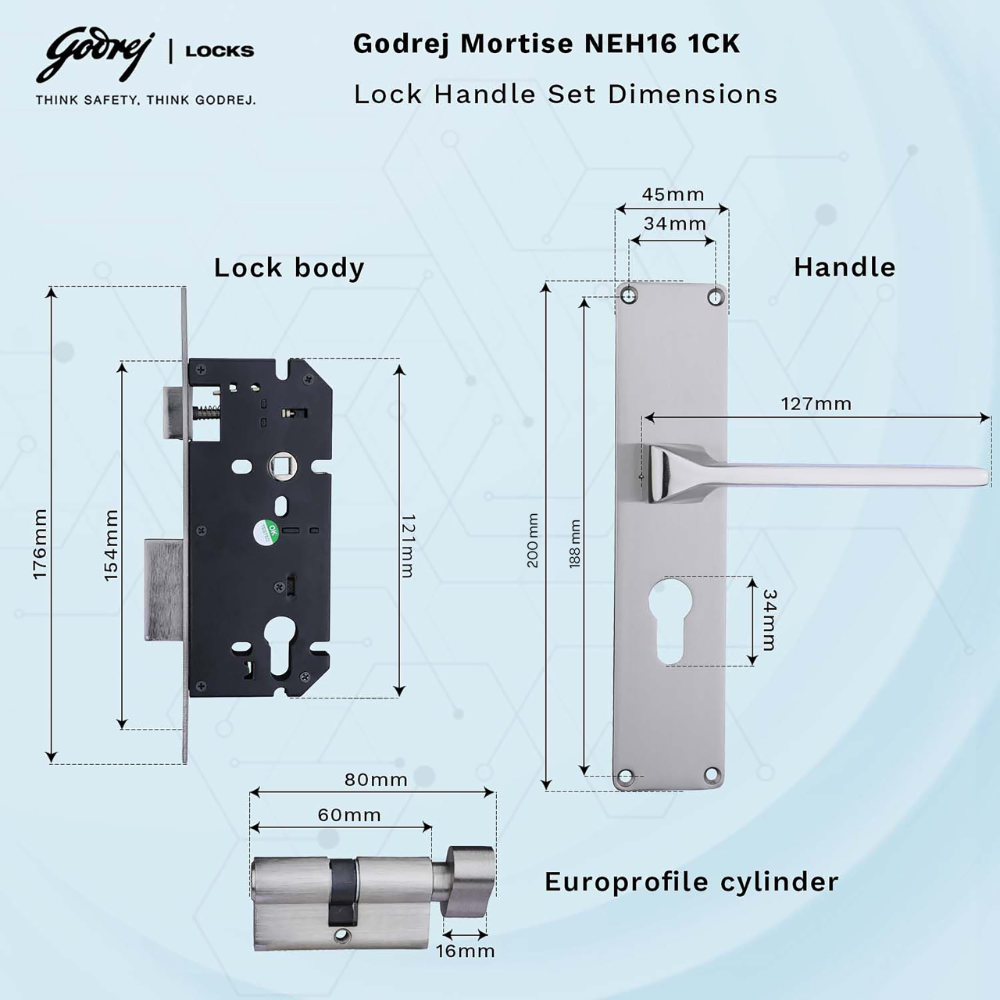 Godrej Mortise Door Lock Handle Set | 200mm NEH-16 1CK Europrofile | 5 Pin Brass Tumbler Mechanism 60mm | Suitable for Left & Right Handed Doors | Satin Steel Finish| Silver | 5 Years Warranty
